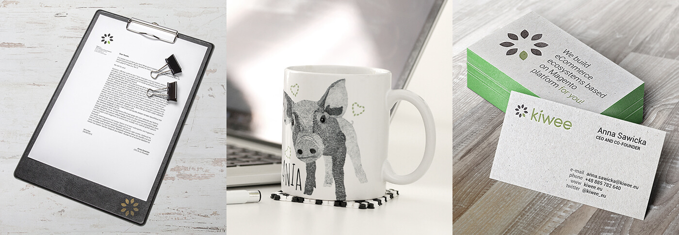 collage of official documets, mug with piggy and buissness cards