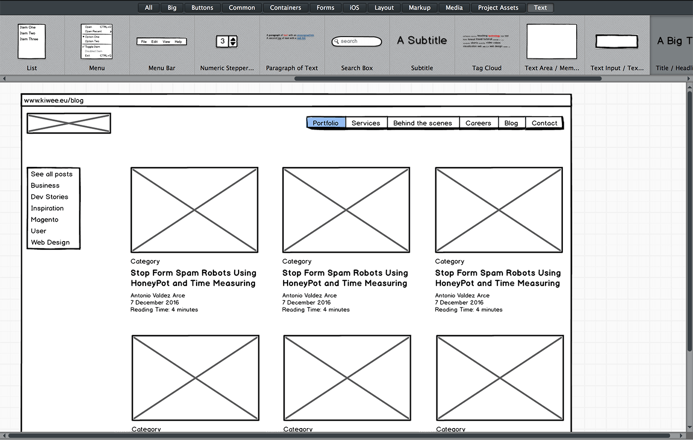 BALSAMIQ interface with tabs regarding Portfolio, Services, Behind the scenes, Careers, Blog and Contact. Below them are boxes with posts with their titles below them