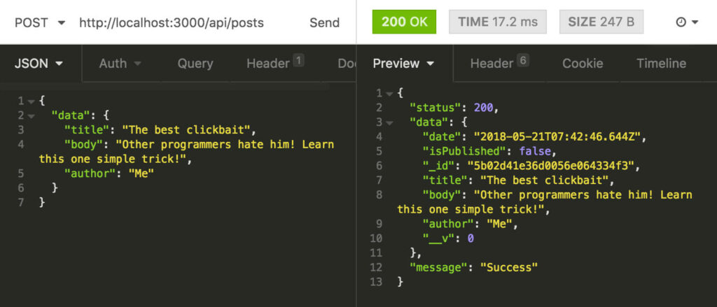 Creating the post in Insomnia. JSON with body reading Other programmers hate him! Learn this one simple trick