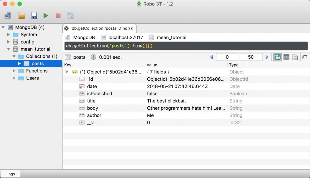 Posts table in Robo 3T. Post object consists of _id, date, isPublished, title, body, author and __v fields.