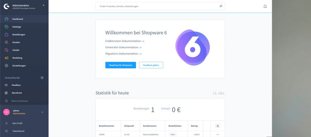 Ein Bild des Shopware 6 Dashboards