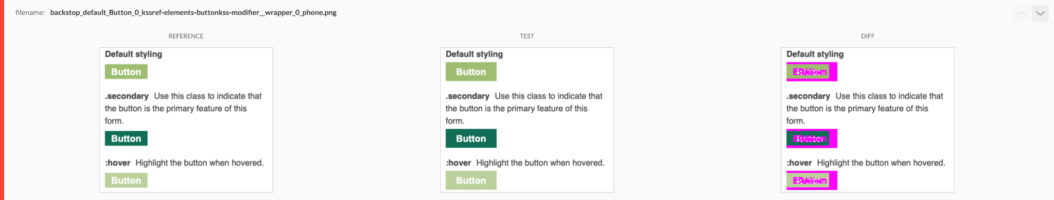 Screenshot von Backstop mit fehlgeschlagenen Tests