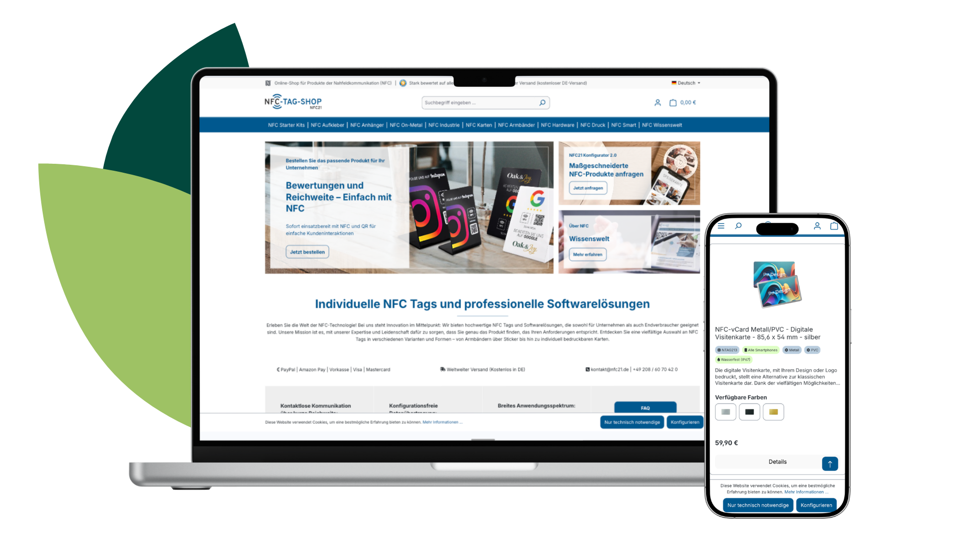**Alt tag DE:**
NFC-TAG-SHOP Website auf Laptop und Smartphone mit NFC-Produktkategorien und einer Produktseite für digitale NFC-Visitenkarten.