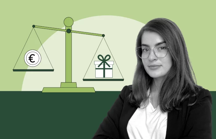 A project manager stands confidently beside an illustration of a scale balancing a euro symbol on one side and a gift box on the other, symbolizing financial and value-based decision-making.