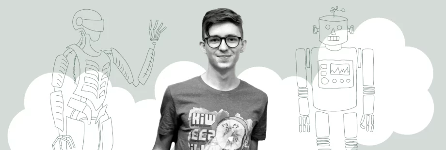 The author of the blog post is pictured, smiling. To his left, there's a sketch of a humanoid-looking robot waving a hand; to the right, there's another sketch of a robot, this one looks more old-school, like a typical kid's toy.
