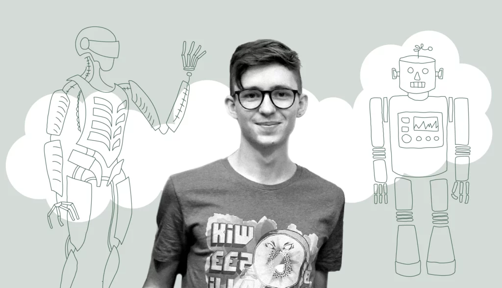 The author of the blog post is pictured, smiling. To his left, there's a sketch of a humanoid-looking robot waving a hand; to the right, there's another sketch of a robot, this one looks more old-school, like a typical kid's toy.