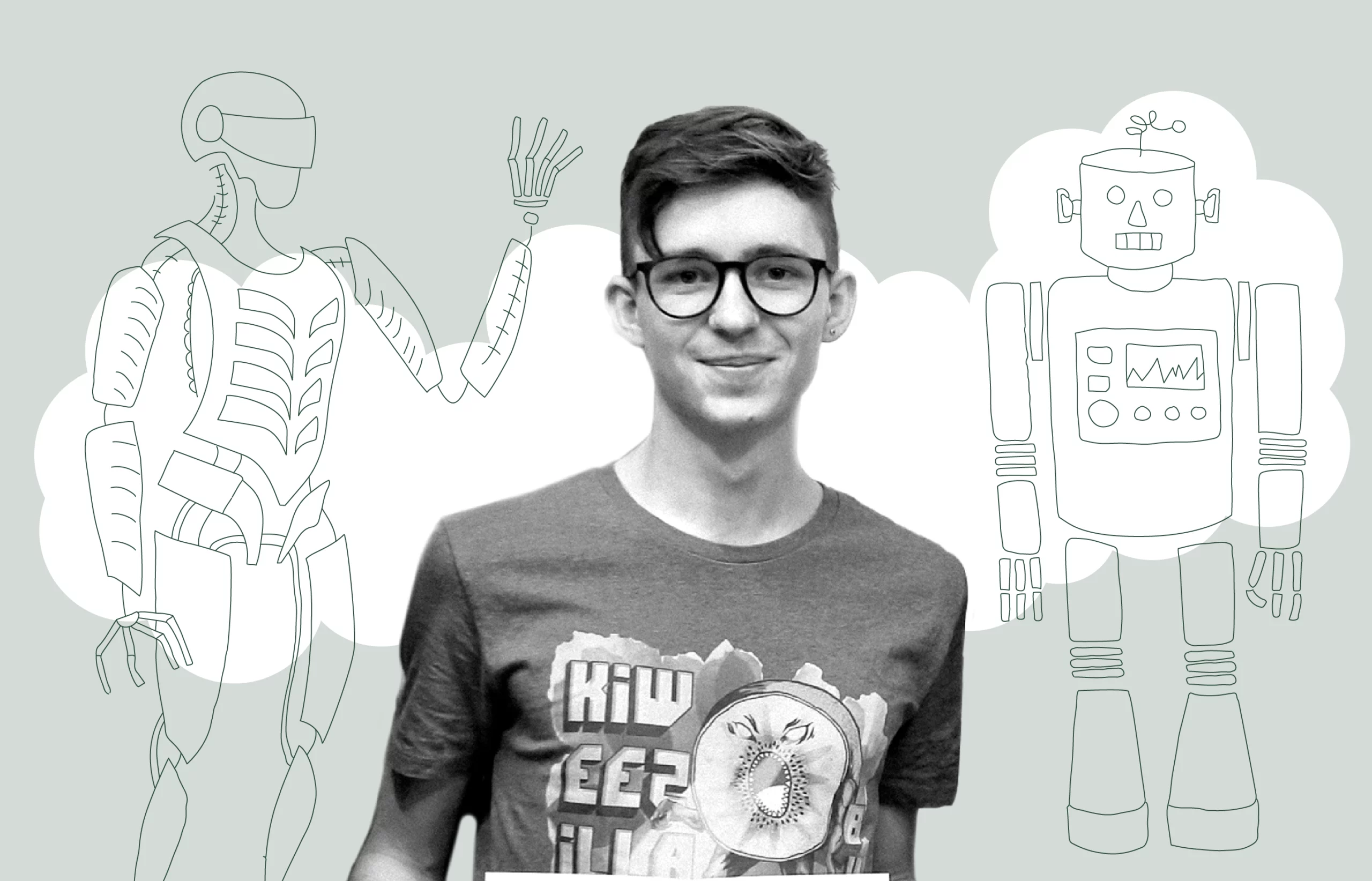 The author of the blog post is pictured, smiling. To his left, there's a sketch of a humanoid-looking robot waving a hand; to the right, there's another sketch of a robot, this one looks more old-school, like a typical kid's toy.