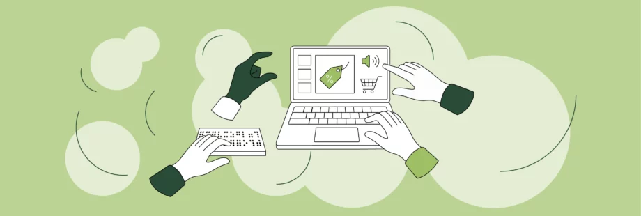 An image showing a laptop with an online store displayed, with different coloured hands surrounding it. The hands are doing different things - touching, using a braille keyboard, pinching and using a touchpad.