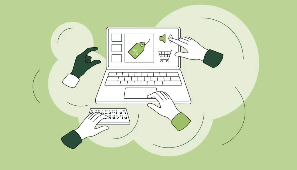 An image showing a laptop with an online store displayed, with different coloured hands surrounding it. The hands are doing different things - touching, using a braille keyboard, pinching and using a touchpad.