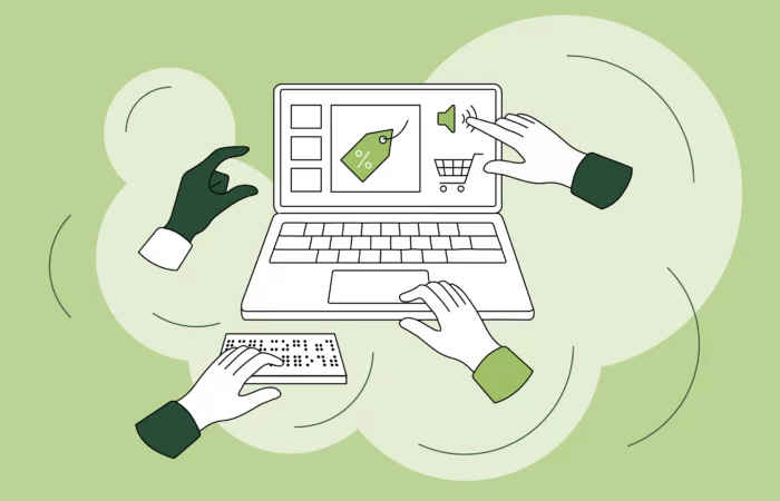 An image showing a laptop with an online store displayed, with different coloured hands surrounding it. The hands are doing different things - touching, using a braille keyboard, pinching and using a touchpad.