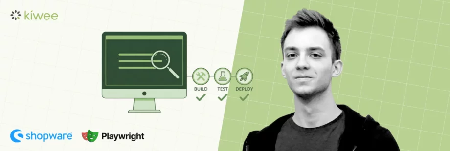 Blog post image showing Krzysiek, a Build-Test-Deploy pipeline, and Shopware and Playwright logos.
