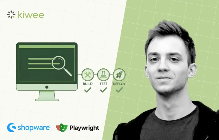 Blog post image showing Krzysiek, a Build-Test-Deploy pipeline, and Shopware and Playwright logos.