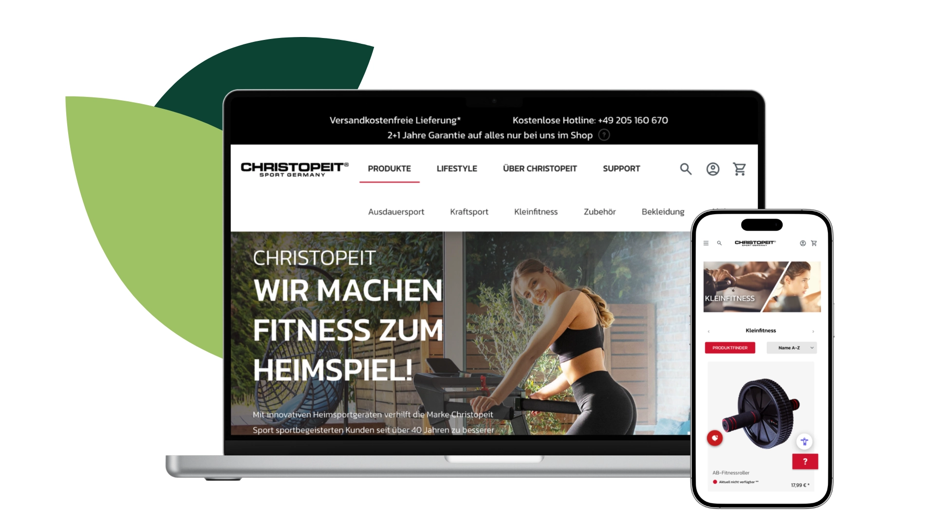 Laptop- und Mobilansicht des Christopeit Sport Onlineshops, die das E-Commerce-Erlebnis auf Desktop und Smartphone zeigt.