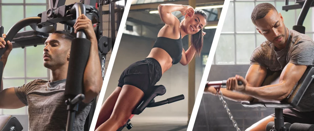 Collage von Personen, die Fitnessgeräte von Christopeit Sport nutzen, und die Produktpalette für Home-Fitness zeigt.