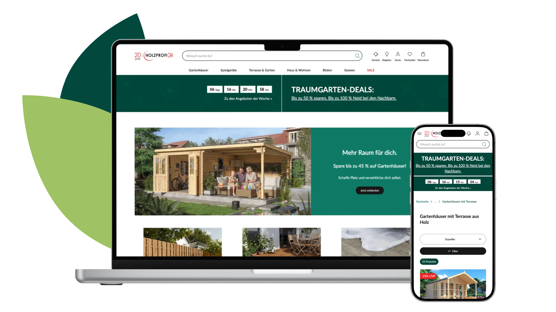 Holzprofi24 online shop displayed on laptop and mobile screens, showing a responsive eCommerce design for garden house products.