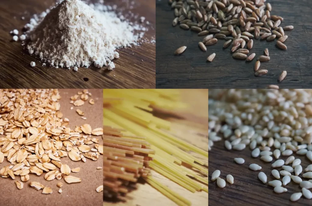 Product collage from Kofmel Mühle showing flour, grains, oats, pasta, and seeds, representing the variety of products sold in the online shop.