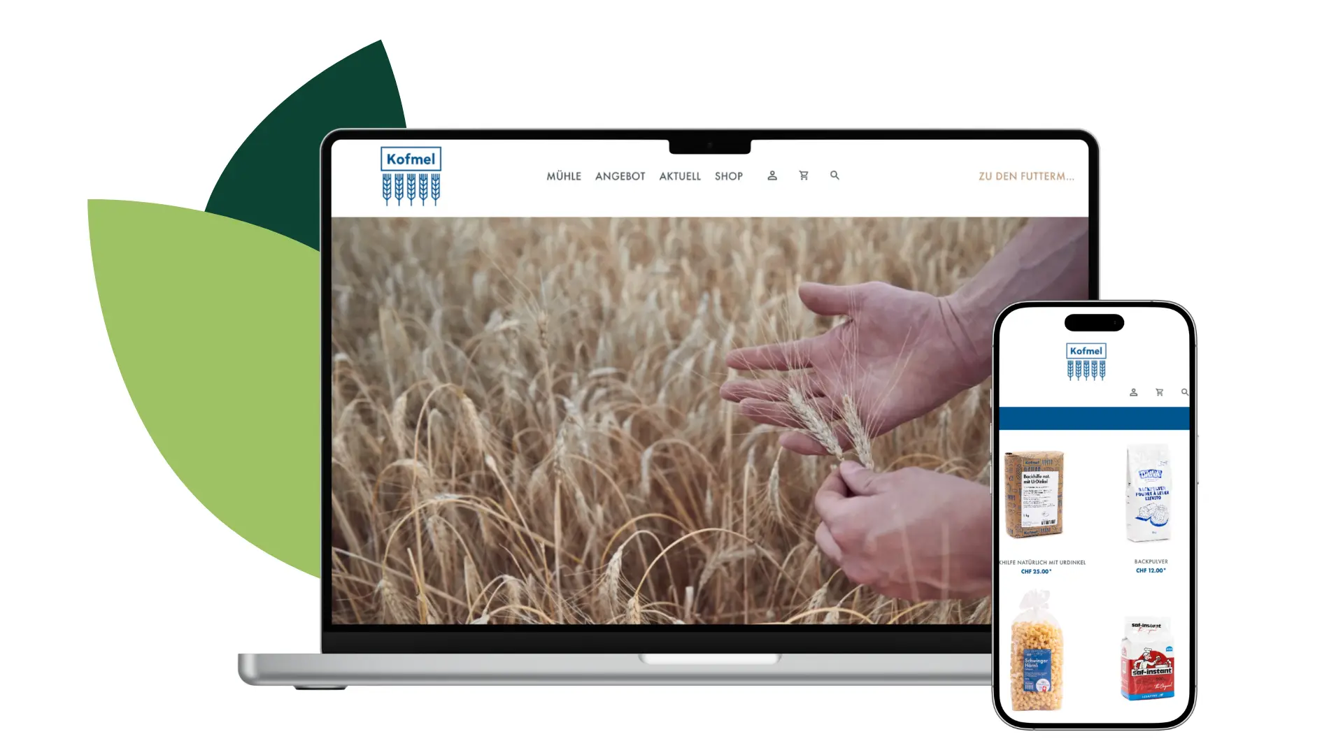 Online-Shop von Kofmel Mühle auf Laptop und Smartphone, der das responsive Shopware-Frontend für Desktop- und mobile Nutzer zeigt.