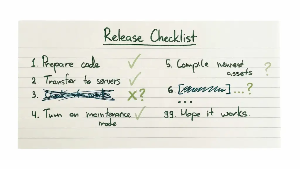 Handschriftliche Release-Checkliste, die einen manuellen Deployment-Prozess mit mehreren Schritten, offenen Fragen und Unsicherheiten zeigt.