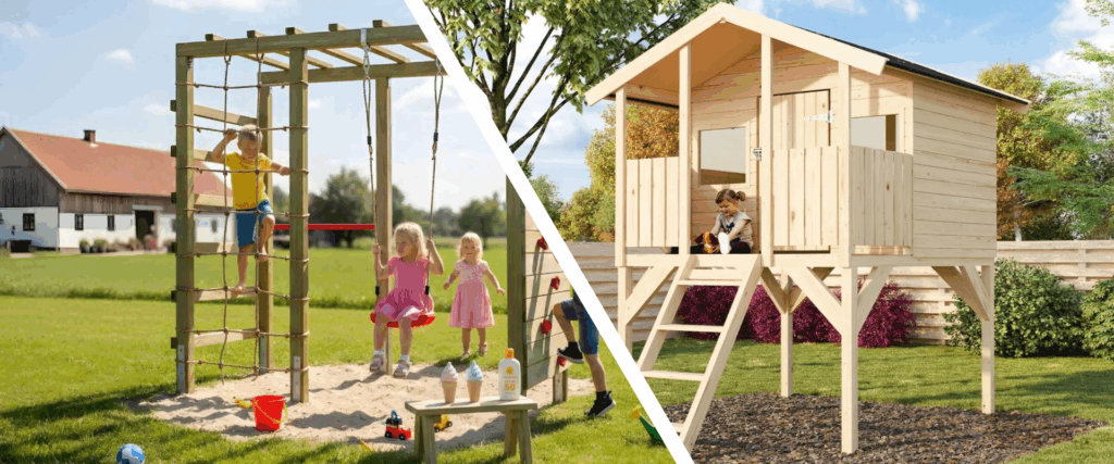 Children playing on a wooden climbing frame and swing next to an elevated wooden garden playhouse.
