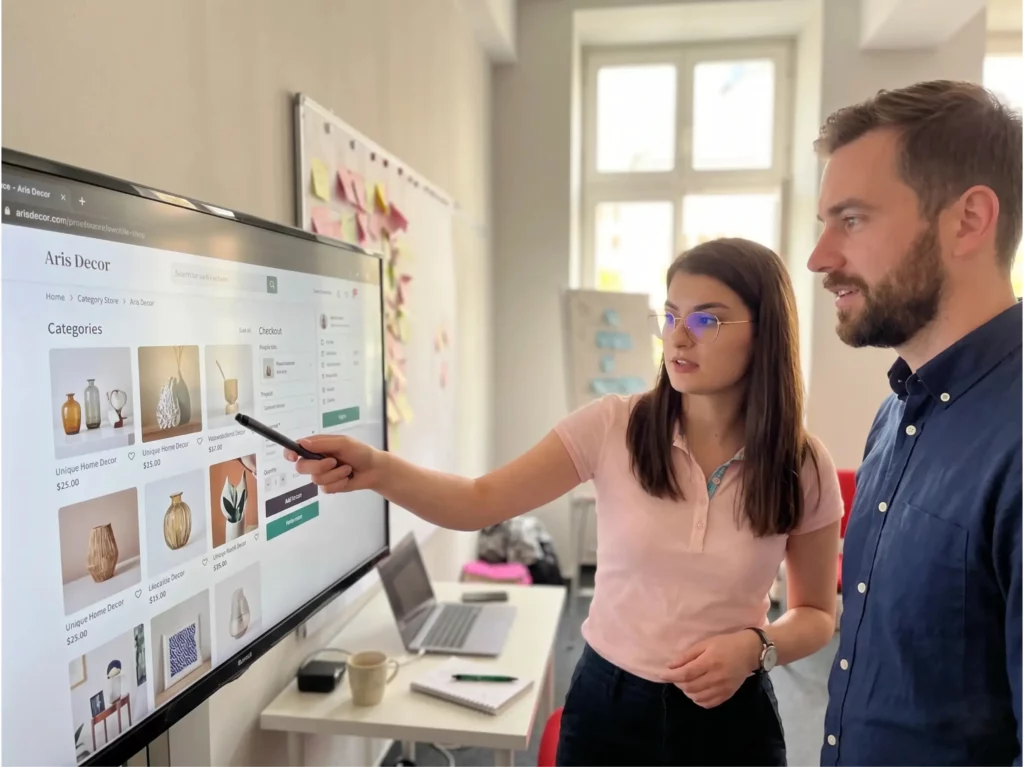 Two consultants reviewing an eCommerce store interface on a large screen, with one person pointing at product and checkout elements during a UX or technical review session.