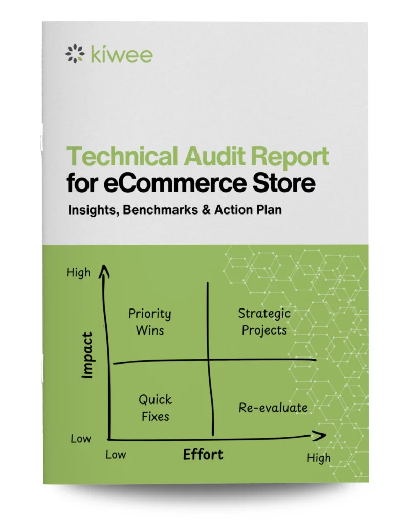 Kiwee-branded technical audit report cover for an eCommerce store, featuring the title, subtitle, and a hand-drawn impact-effort matrix for prioritizing improvements.