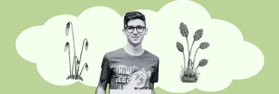 Black-and-white photo of a person standing in front of a light green illustrated background with plant drawings, used as a visual for a Shopware 6 web performance audit topic.