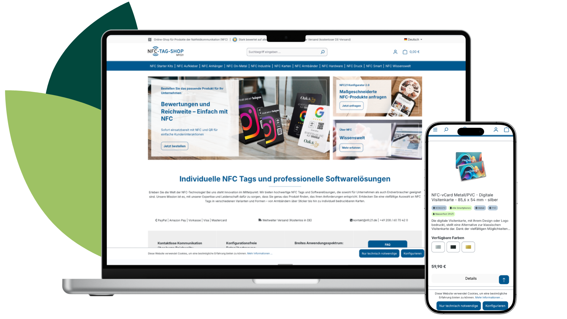 NFC-TAG-SHOP website displayed on a laptop and smartphone, showing NFC product categories and a digital NFC business card product page.