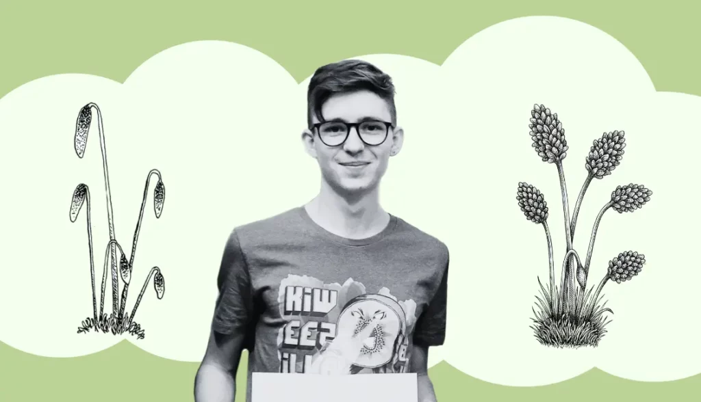 Black-and-white photo of a person standing in front of a light green illustrated background with plant drawings, used as a visual for a Shopware 6 web performance audit topic.
