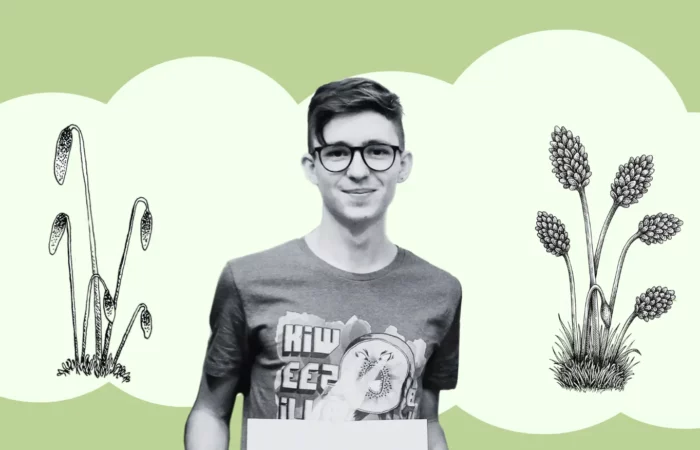 Black-and-white photo of a person standing in front of a light green illustrated background with plant drawings, used as a visual for a Shopware 6 web performance audit topic.