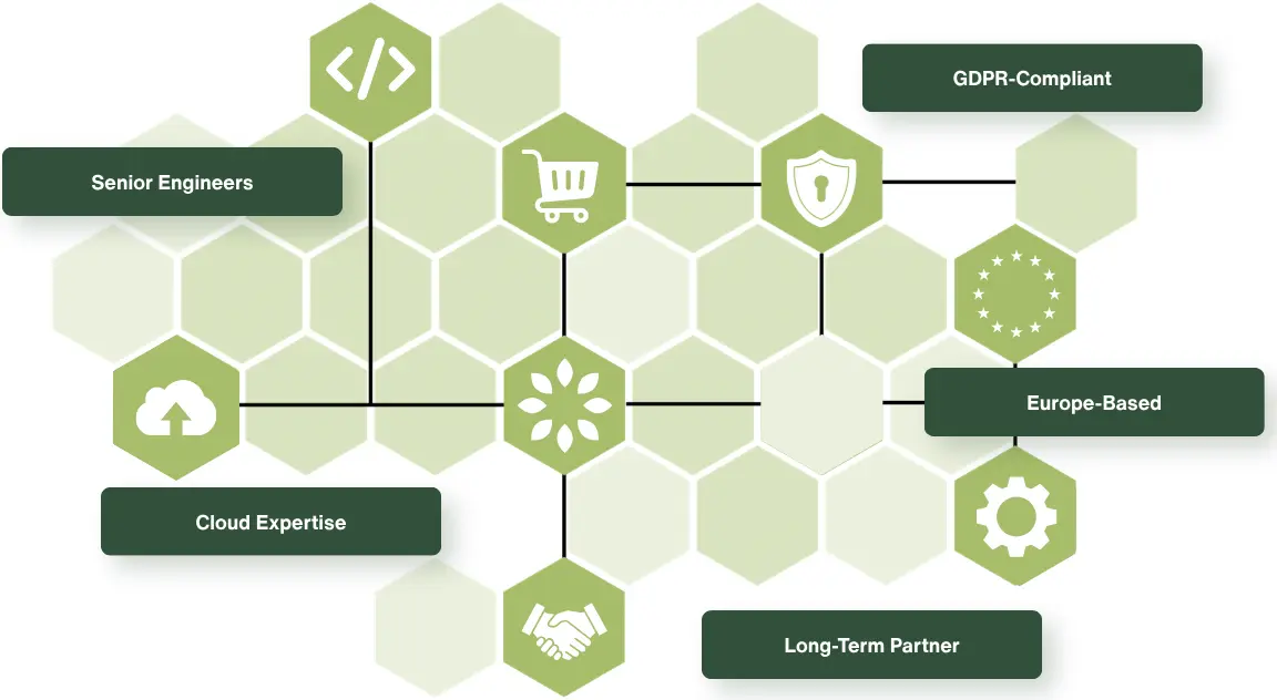 Hexagon graphic showing Kiwee's five trust signals: senior engineers, GDPR compliance, Europe-based team, cloud expertise and long-term partnership