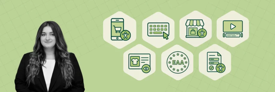 Woman beside icons representing accessible eCommerce, including keyboard navigation, video, online shopping and EAA compliance.