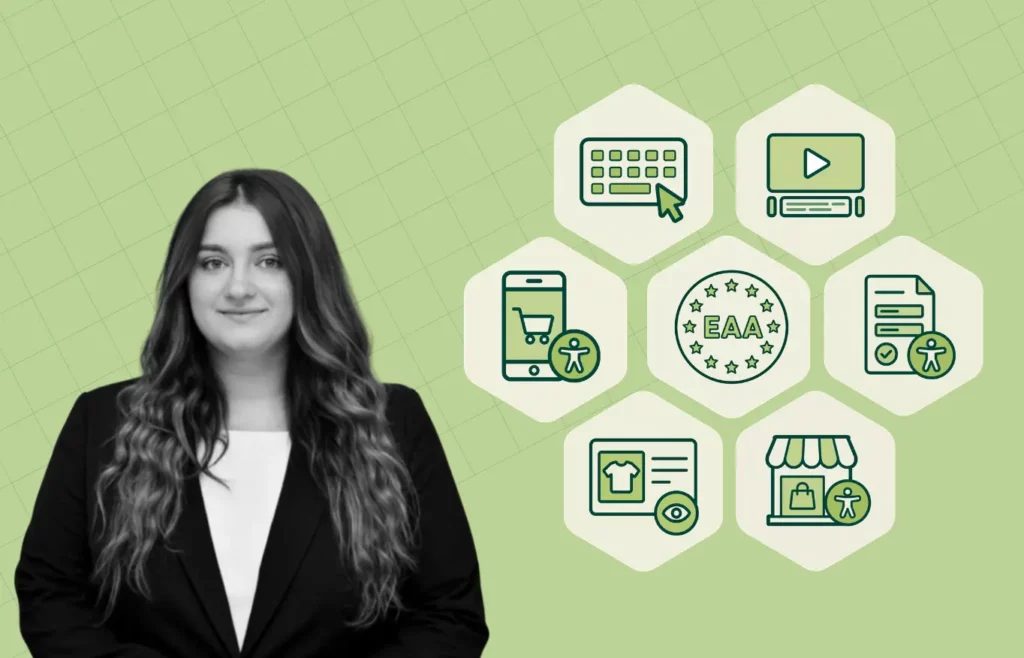 Woman beside icons representing accessible eCommerce, including keyboard navigation, video, online shopping and EAA compliance.