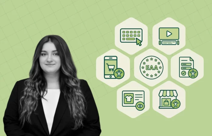 Woman beside icons representing accessible eCommerce, including keyboard navigation, video, online shopping and EAA compliance.