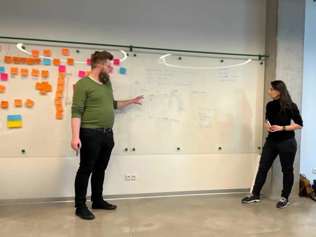 A woman with a black turtleneck and black pants points to a detailed workflow diagram on a glass whiteboard, explaining steps like Concept, Prototype, and User Test to a man in a green sweater and black pants. To the left are many multi-colored sticky notes. They are in a modern, industrial-style office with concrete floors.