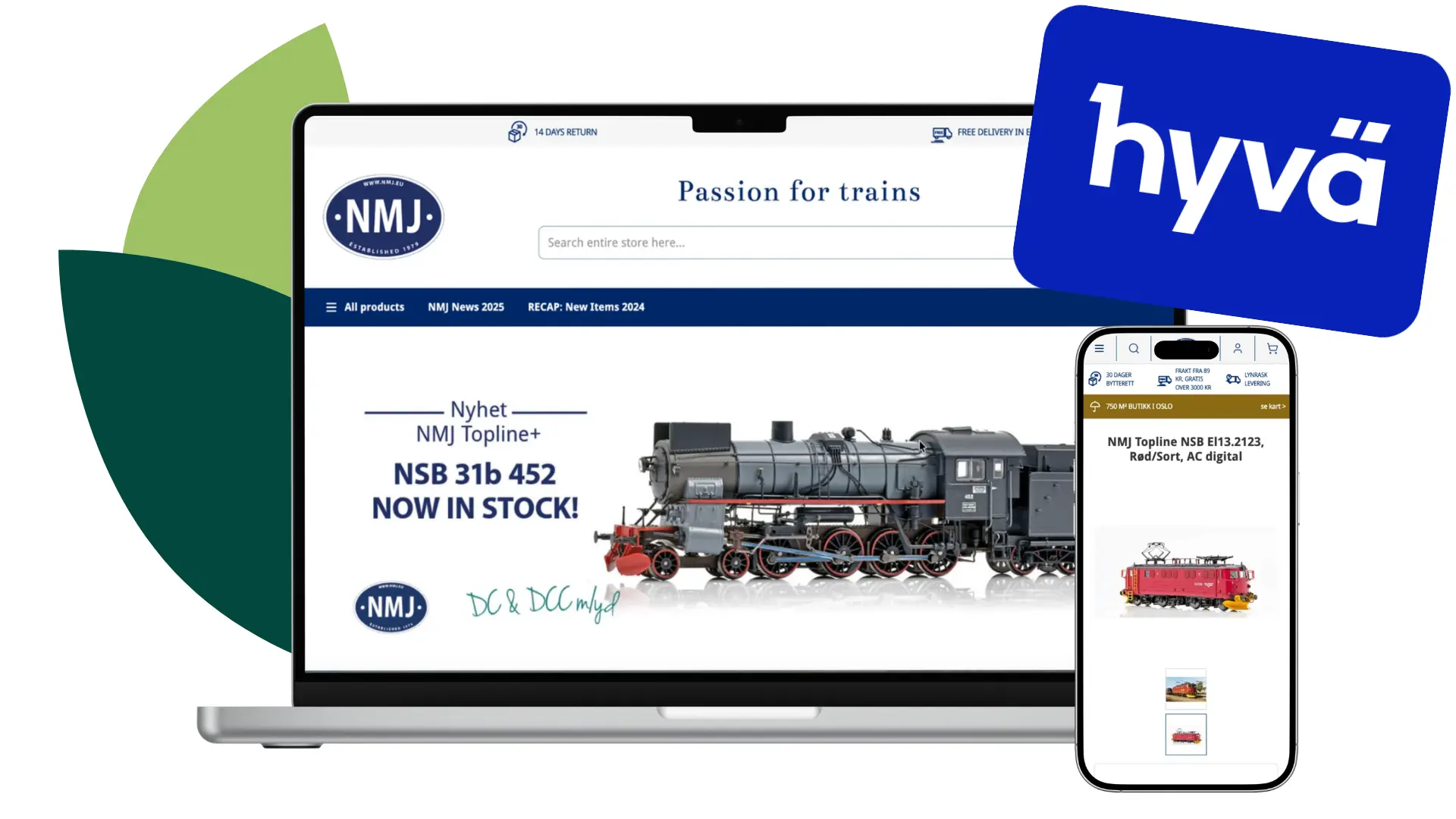 NMJ online store displayed on laptop and mobile screens with the Hyvä logo, showing the responsive Magento storefront