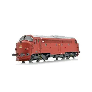 Red diesel locomotive model photographed against a white background