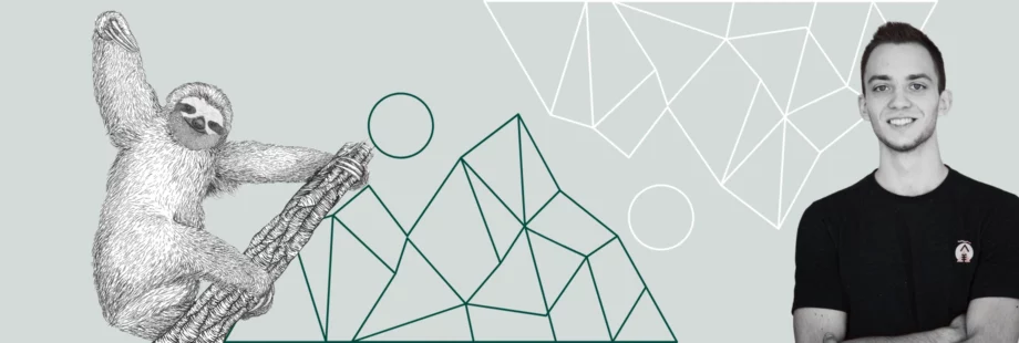 Krzysztof Kaszanek from Kiwee alongside a sloth illustration and geometric mountain outlines.