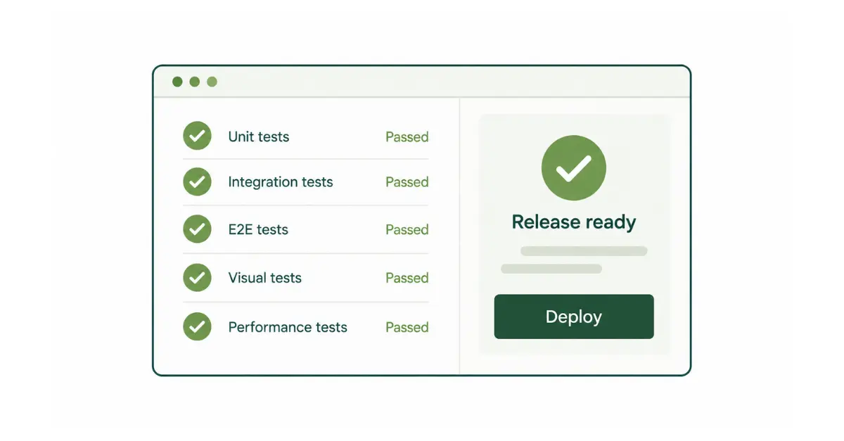 Dashboard showing unit, integration, end-to-end, visual, and performance tests passed, with a release-ready status and Deploy button.