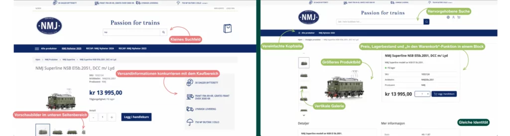 Vorher-Nachher-Vergleich der NMJ-Produktseite mit vereinfachtem Header, größerem Produktbild, vertikaler Galerie, verbesserter Suche und übersichtlicheren Kaufinformationen