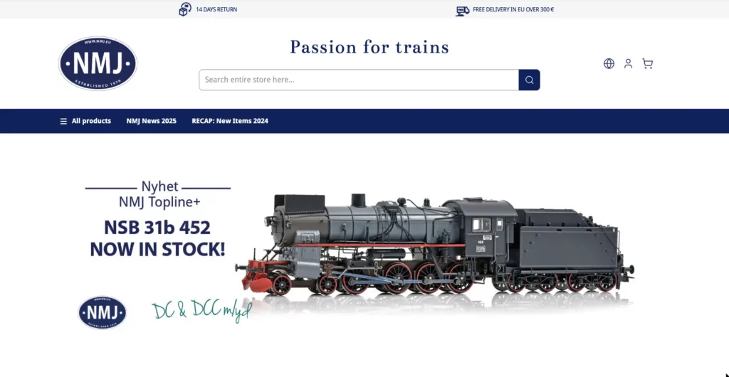 Startseite des NMJ-Onlineshops mit Modell-Dampflokomotive sowie überarbeiteter Suche und Navigation