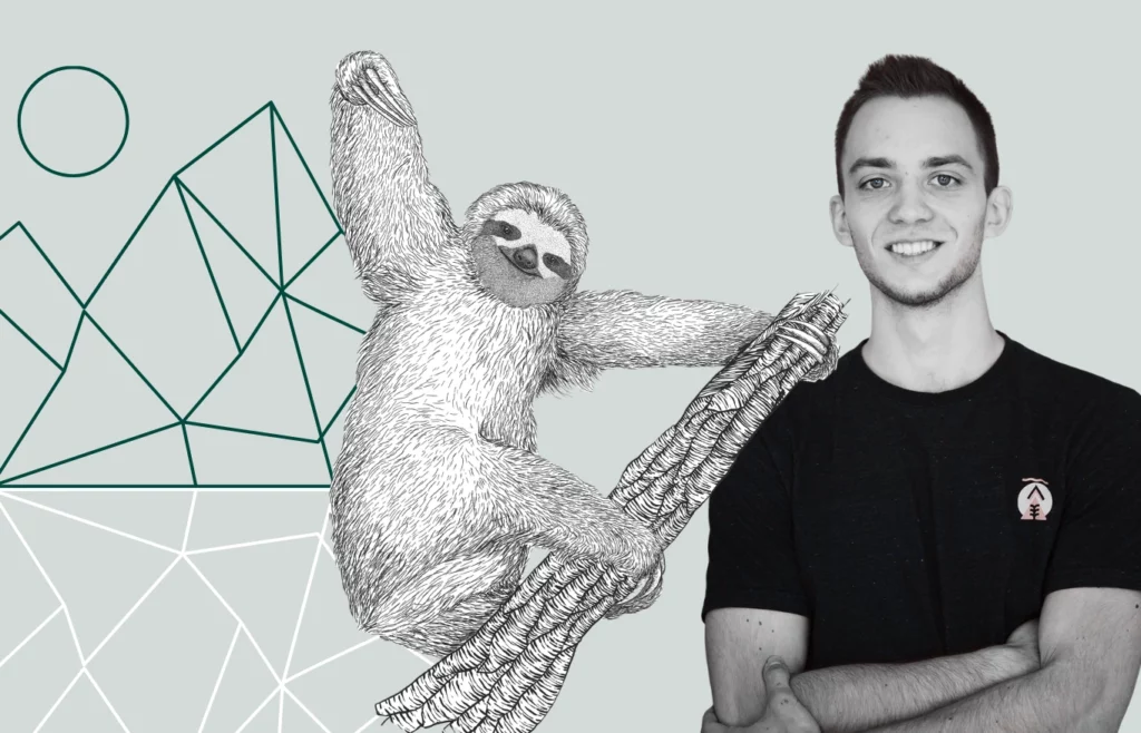 Krzysztof Kaszanek from Kiwee alongside a sloth illustration and geometric mountain outlines.