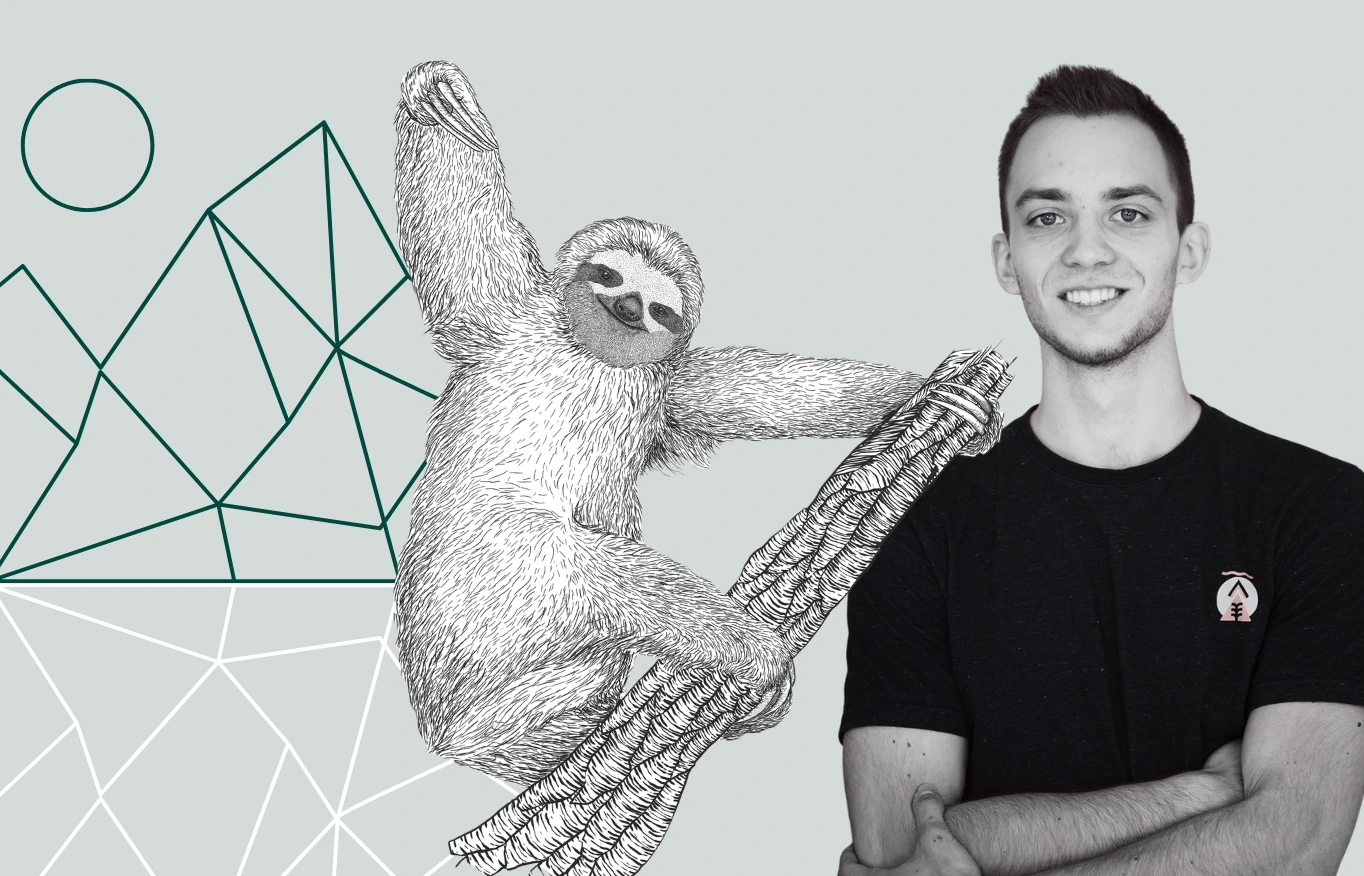 Krzysztof Kaszanek from Kiwee alongside a sloth illustration and geometric mountain outlines.