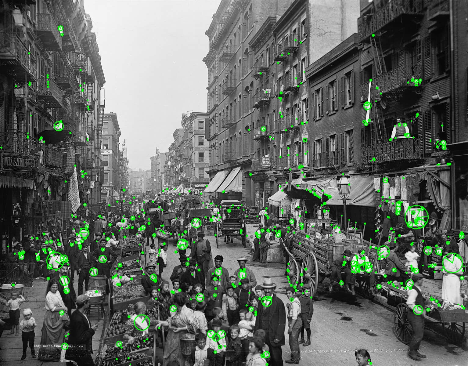 a crowded street in 1900s New York, black and white photo, with marked geometric keypoints generated using the SIFT algorithm