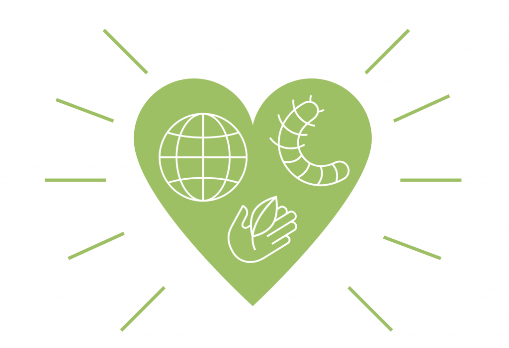 A green heart shape, wrapping a globe, an insect and a hand with a leaf. 