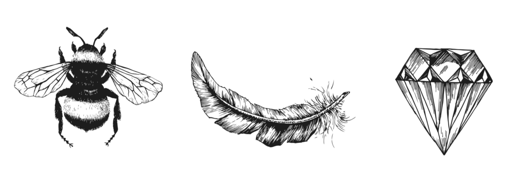 bee, feather, diamond, illustration, drawing