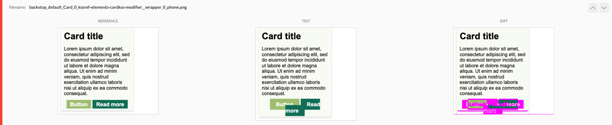 Screenshot von Backstop mit fehlgeschlagenen Tests