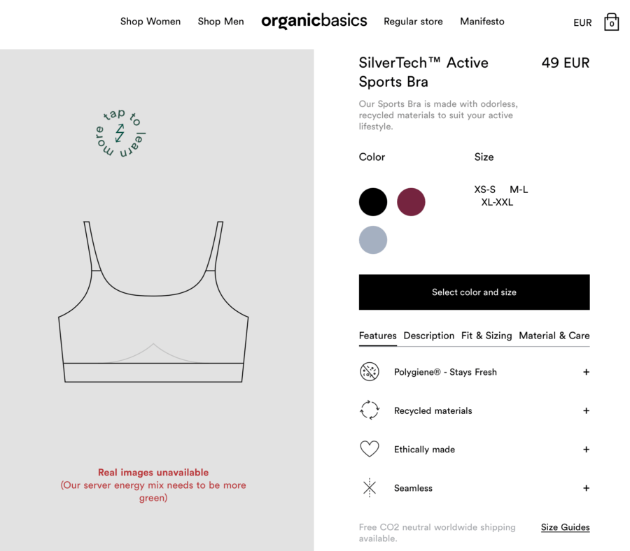 Organic basics online store product page. It shows a simple image of the product instead of the picture. There is a caption: real images unavailable (our server energy mix needs to be more green). It's a low impact version of the store.