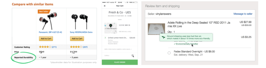 Artiom Dashinsky’s ideas from his article Product Design for Sustainability. It shows the reported durability section in product comparison as an idea of a sustainable feature. The other image is the idea of optional cutlery in food delivery service. 