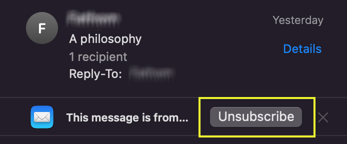Screenshot from the Apple Mail app, shows the "unsubscribe" button below the details like recipient and subject. 