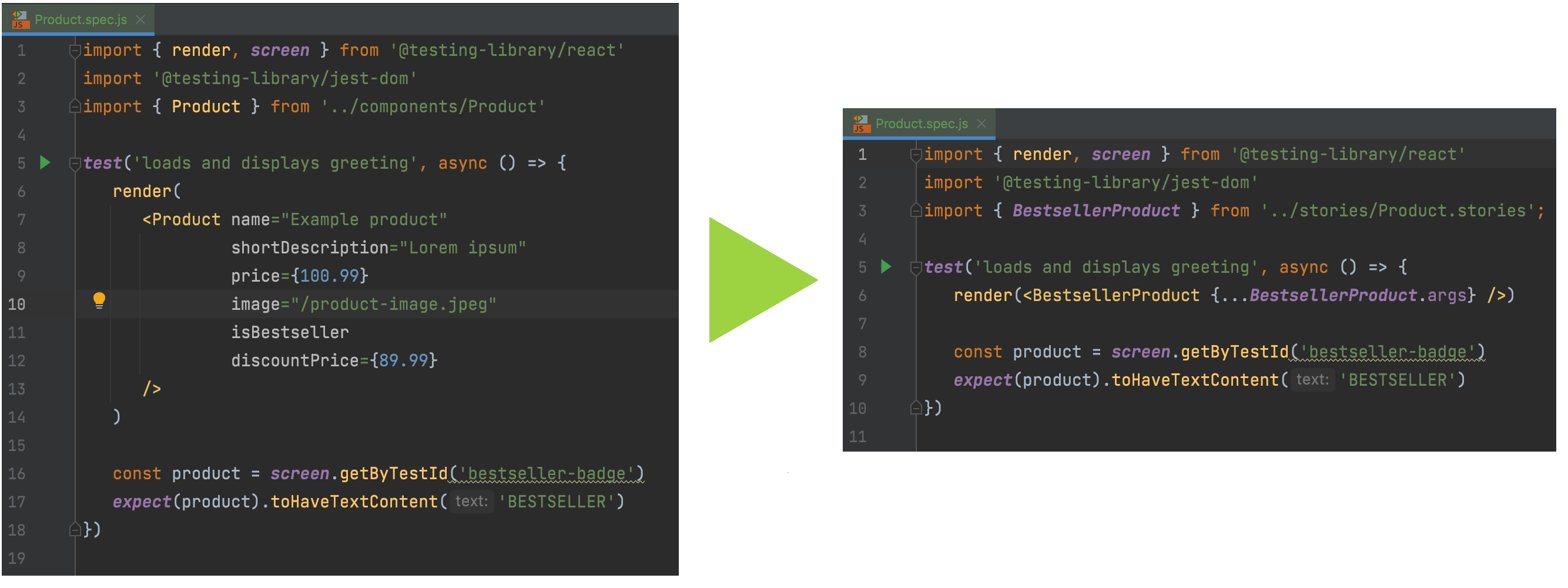 Code of react tests.  On the left version with original testing suite, and on the right version with stories.